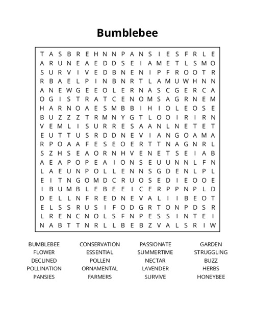 Bumblebee Word Search Puzzle