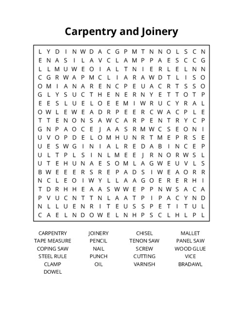 Carpentry and Joinery Word Search Puzzle