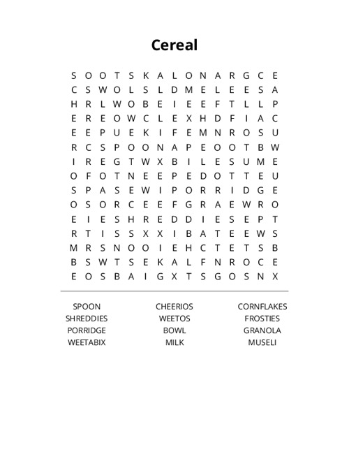Cereal Word Search Puzzle