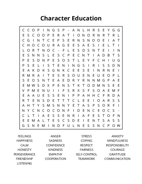 Character Education Word Search Puzzle
