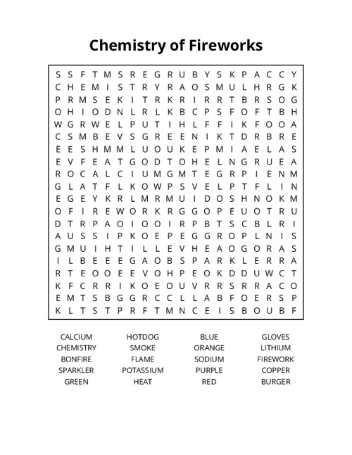 Chemistry of Fireworks Word Search Puzzle