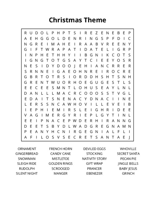 Christmas Theme Word Search Puzzle
