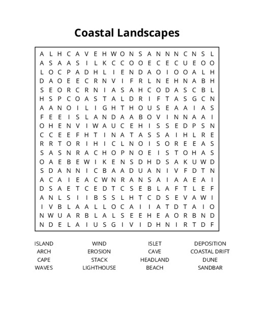 Coastal Landscapes Word Search Puzzle