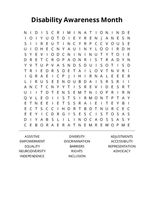 Disability Awareness Month Word Search Puzzle