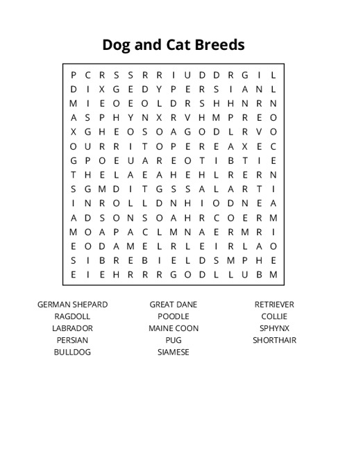 Dog and Cat Breeds Word Search Puzzle