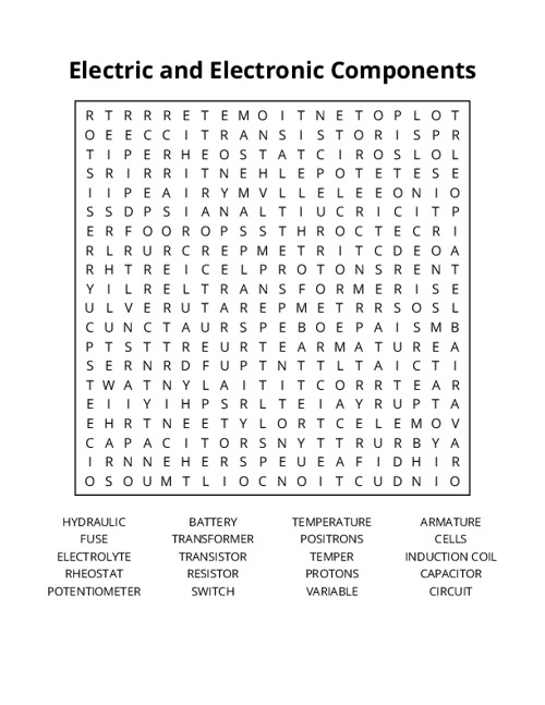 Electric and Electronic Components Word Search Puzzle