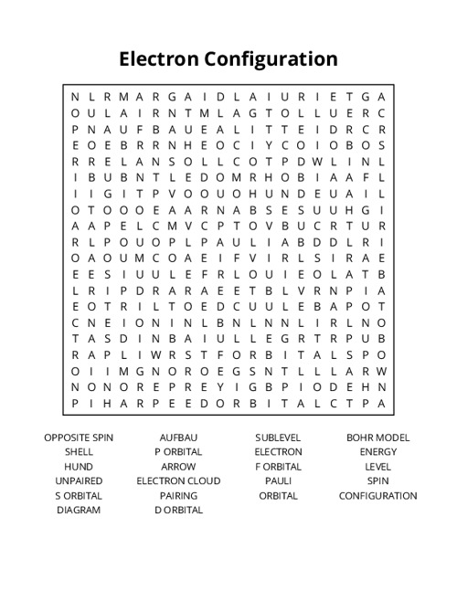 Electron Configuration Word Search Puzzle