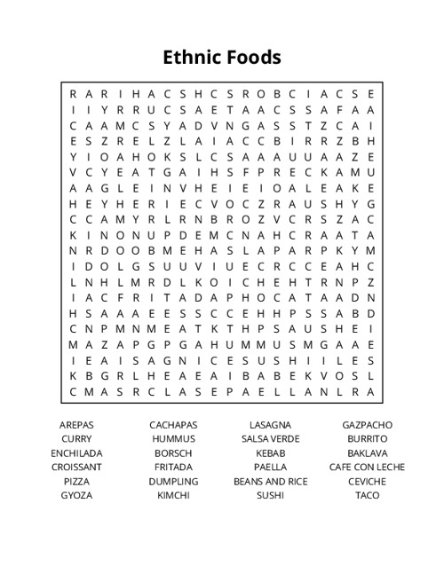 Ethnic Foods Word Search Puzzle