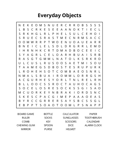 Everyday Objects Word Search Puzzle