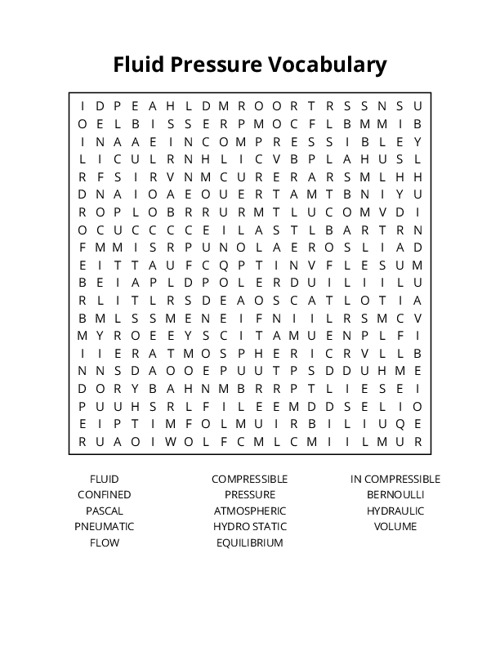 Fluid Pressure Vocabulary Word Search Puzzle