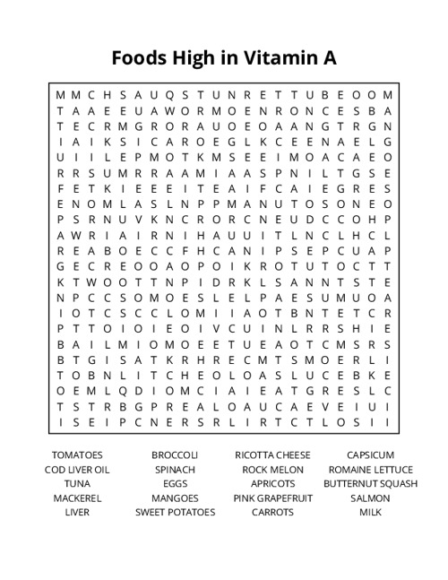 Foods High in Vitamin A Word Search Puzzle