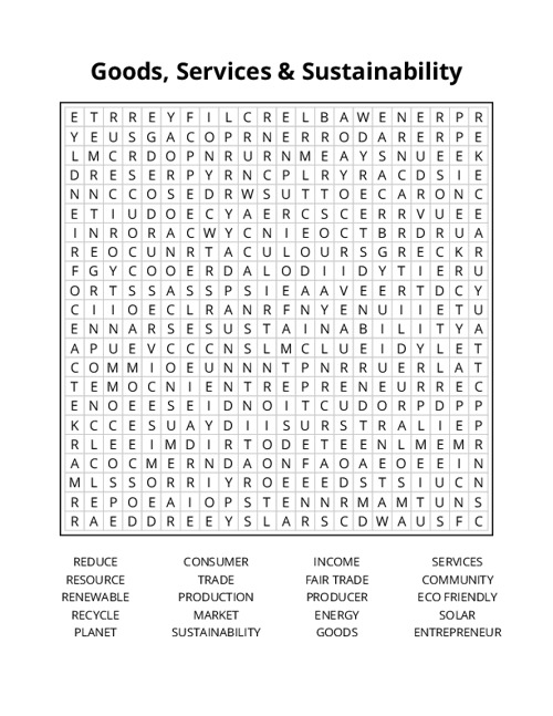 Goods, Services & Sustainability Word Search Puzzle