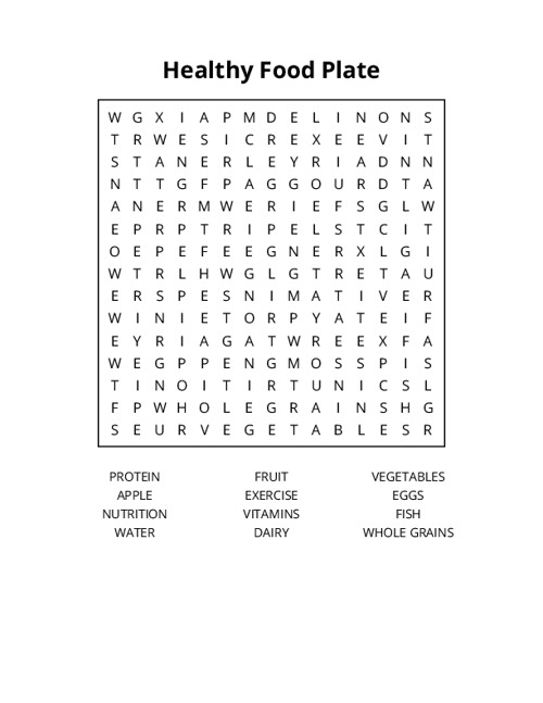 Healthy Food Plate Word Search Puzzle