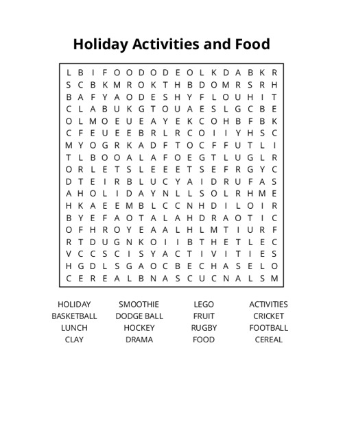 Holiday Activities and Food Word Search Puzzle