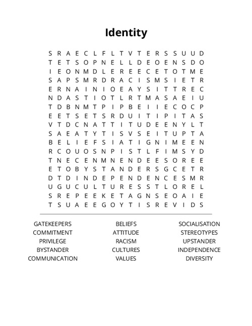 Identity Word Search Puzzle