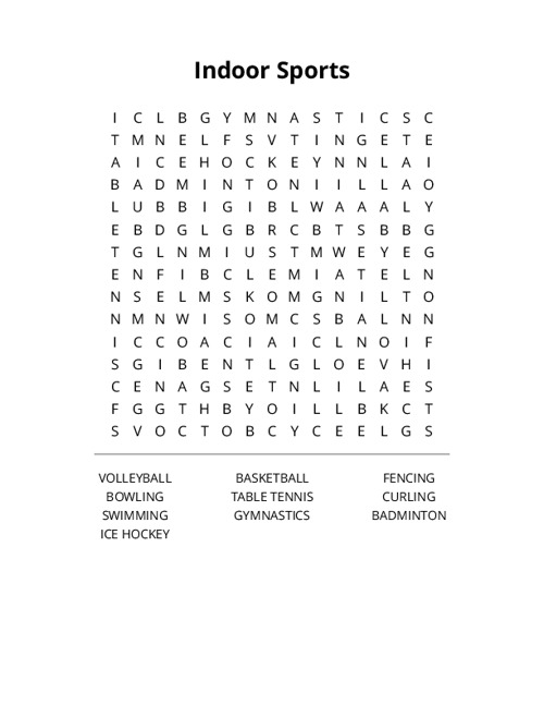 Indoor Sports Word Search Puzzle