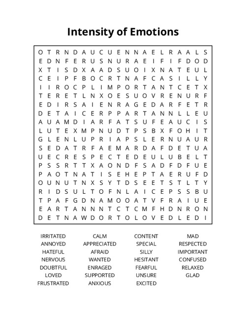 Intensity of Emotions Word Search Puzzle