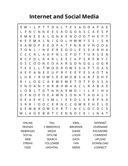 Internet and Social Media Word Search Puzzle