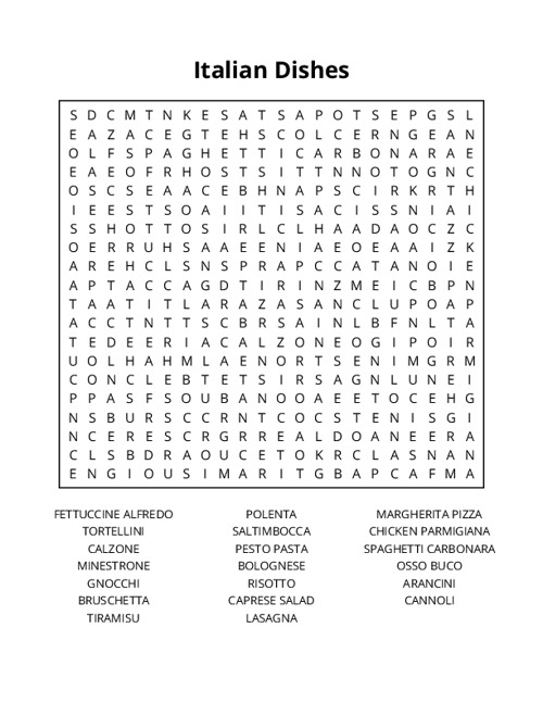 Italian Dishes Word Search Puzzle