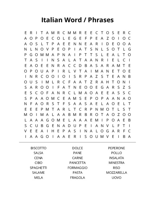 Italian Word / Phrases Word Search Puzzle
