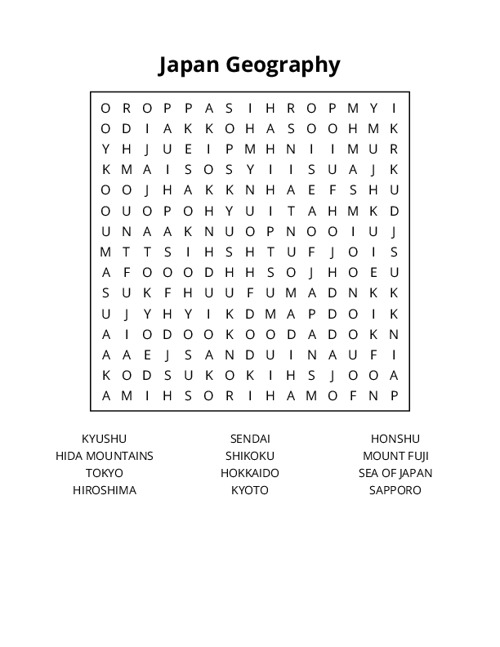 Japan Geography Word Search Puzzle