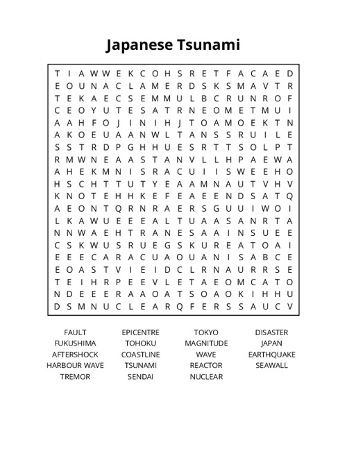 Japanese Tsunami Word Search Puzzle
