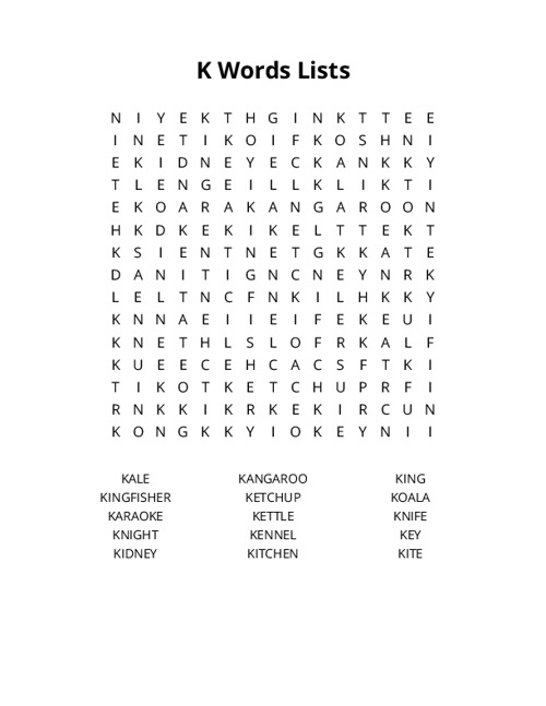 K Words Lists Word Search Puzzle