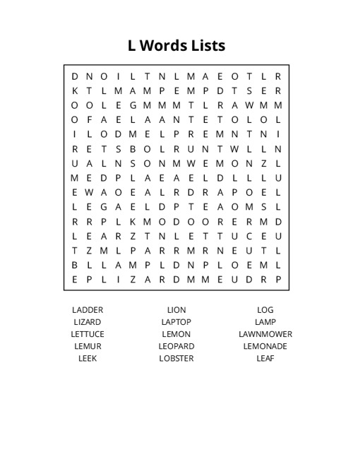L Words Lists Word Search Puzzle