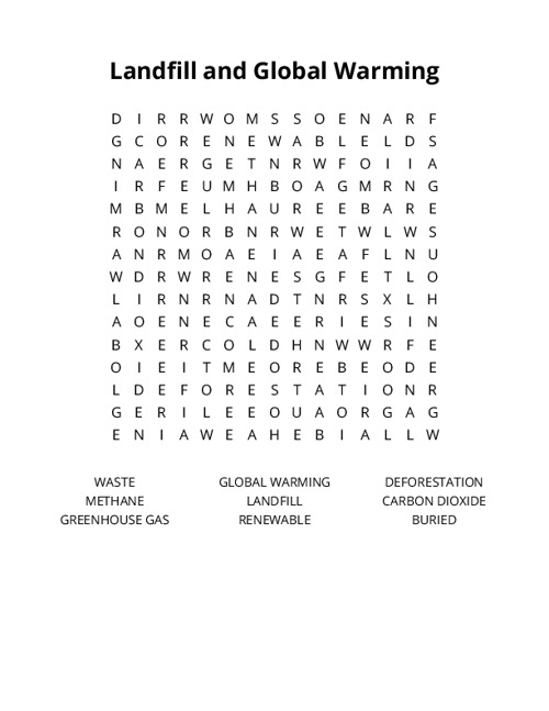 Landfill and Global Warming Word Search Puzzle