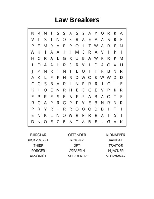 Law Breakers Word Search Puzzle