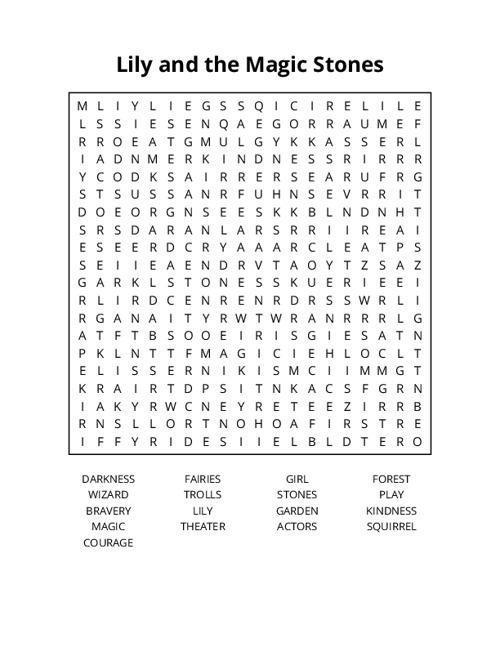 Lily and the Magic Stones Word Search Puzzle