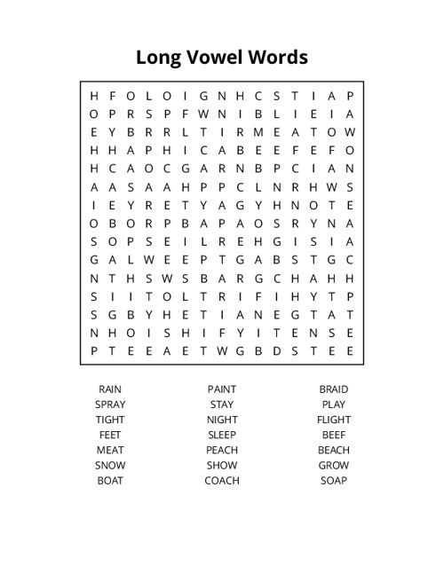 Long Vowel Words Word Search Puzzle