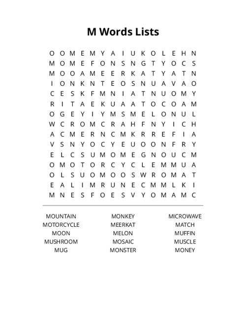 M Words Lists Word Search Puzzle