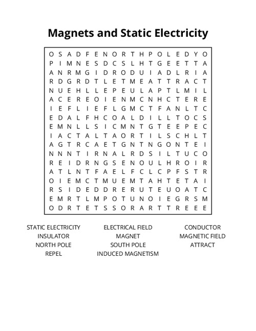 Magnets and Static Electricity Word Search Puzzle