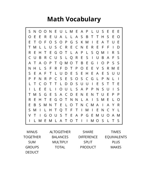 Math Vocabulary Word Search Puzzle