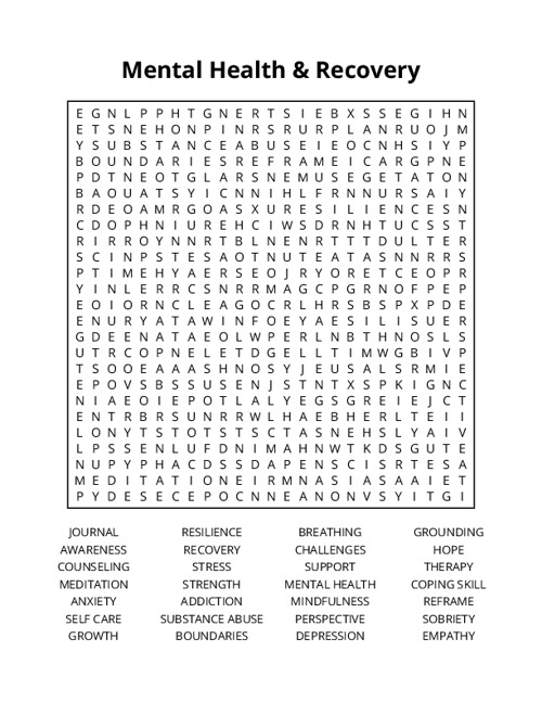 Mental Health & Recovery Word Search Puzzle