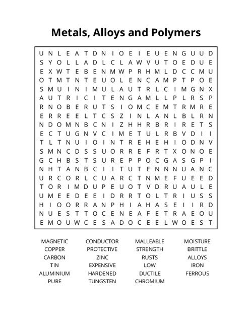 Metals, Alloys and Polymers Word Search Puzzle