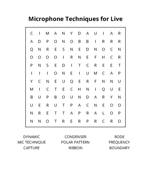 Microphone Techniques for Live Sound Word Search Puzzle