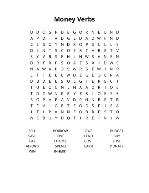 Money Verbs Word Search Puzzle