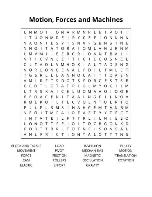 Motion, Forces and Machines Word Search Puzzle