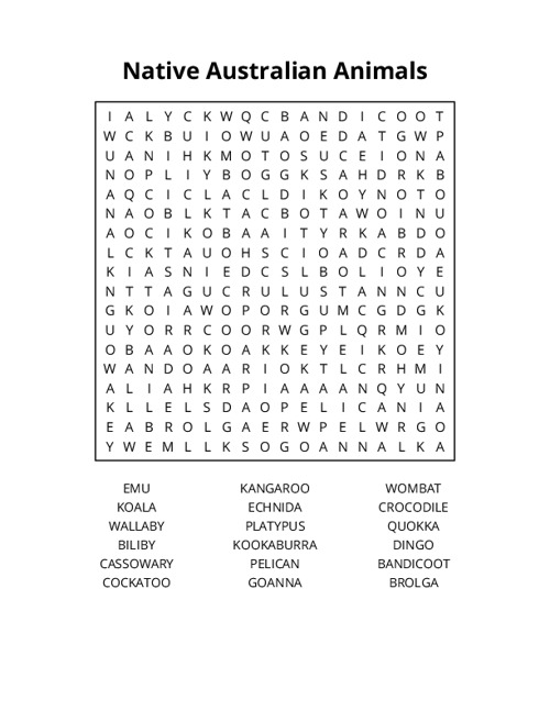 Native Australian Animals Word Search Puzzle