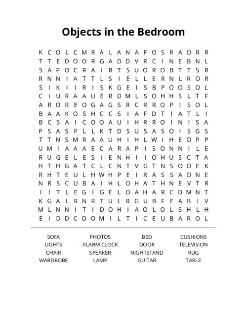 Objects in the Bedroom Word Search Puzzle