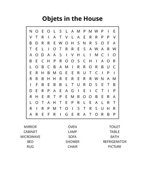 Objets in the House Word Search Puzzle