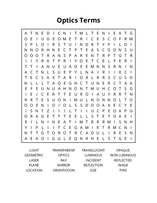 Optics Terms Word Search Puzzle