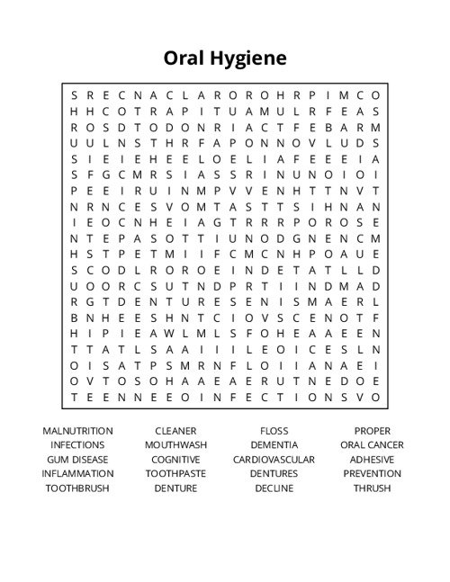 Oral Hygiene Word Search Puzzle