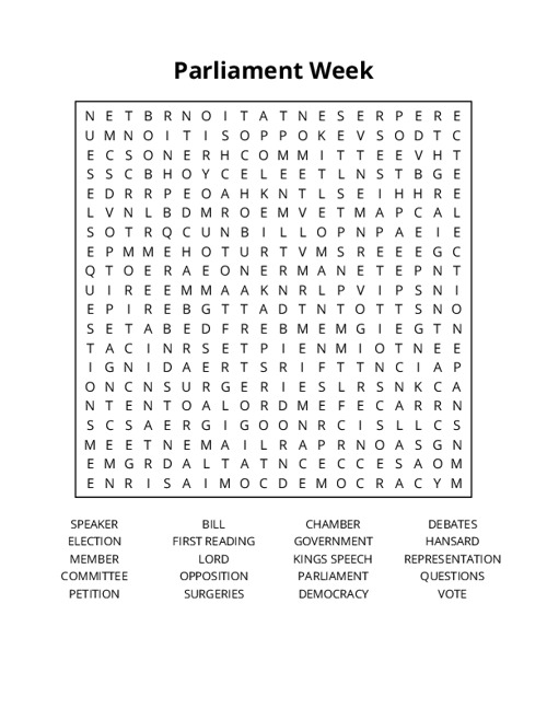 Parliament Week Word Search Puzzle