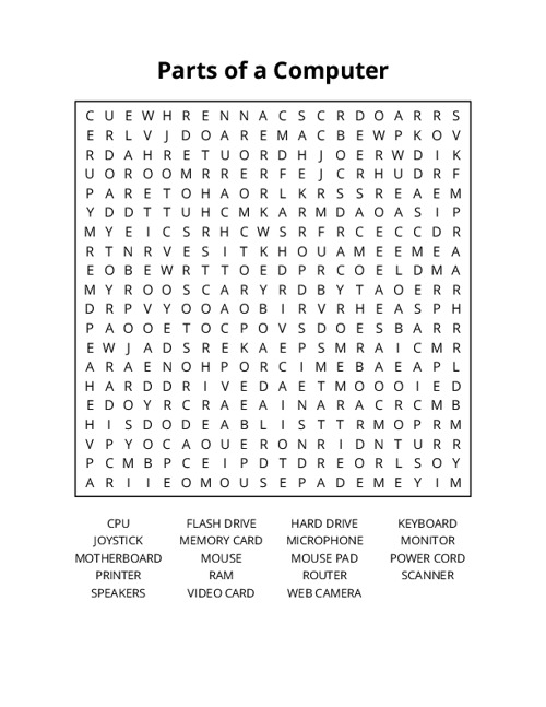 Parts of a Computer Word Search Puzzle