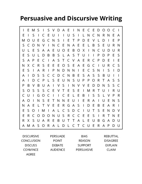 Persuasive and Discursive Writing Word Search Puzzle