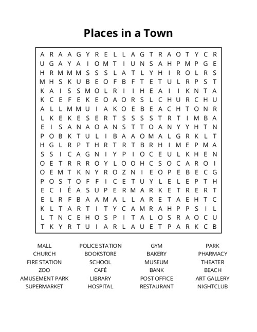 Places in a Town Word Search Puzzle