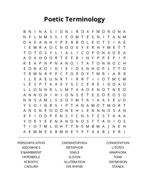 Poetic Terminology Word Search Puzzle